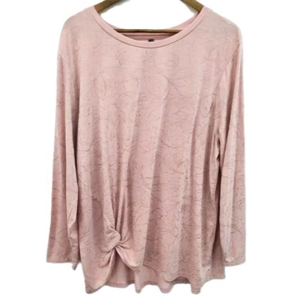 Massini Blush Pink Floral‎ Embossed Knot Front Top Womens Size 2X Long Sleeve